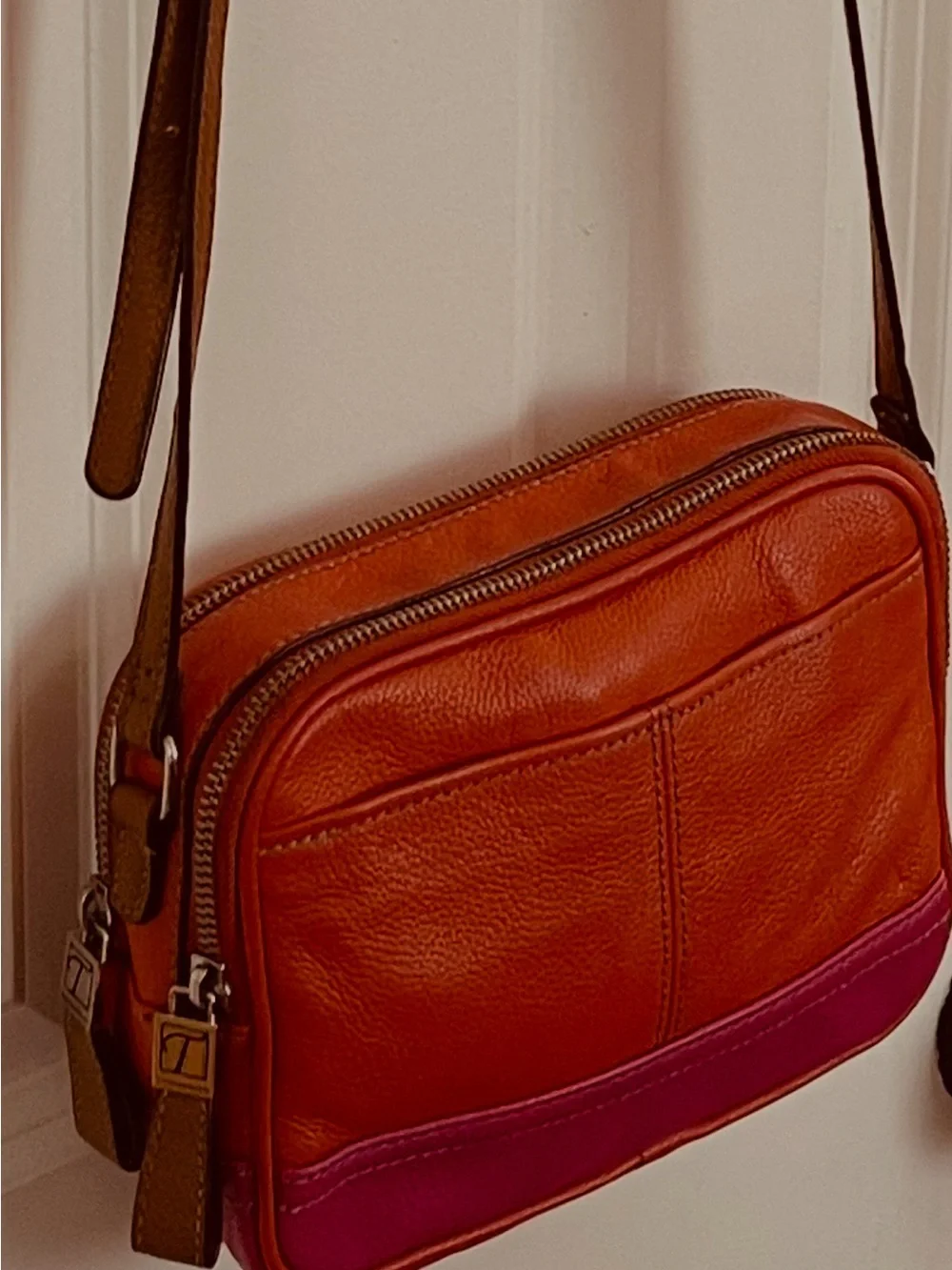 Tignanello Genuine Leather-Two Tone Orange/Fuchsia/Pink Crossbody
